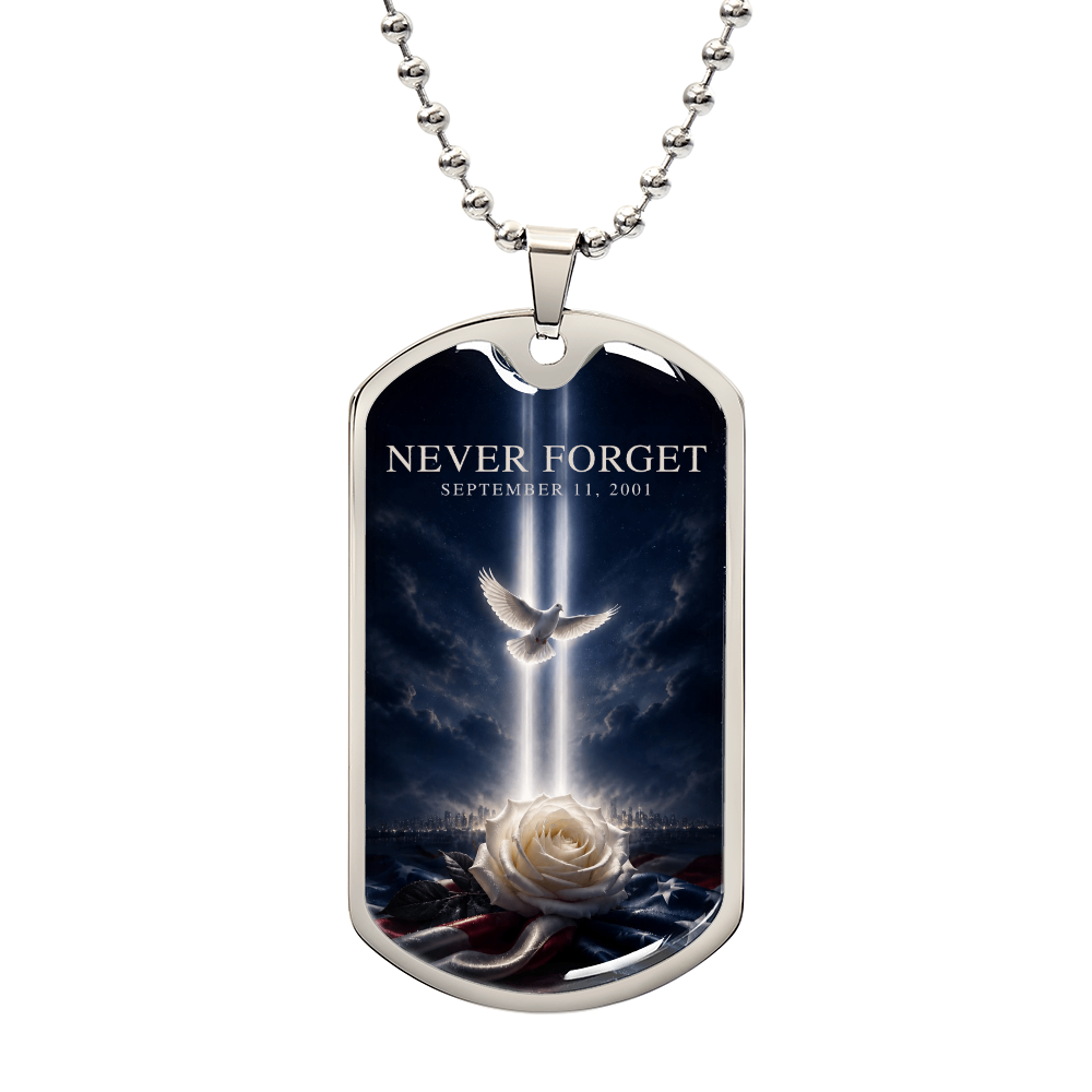 Never Forget 9/11 dog tag necklace with Tribute in Light beams, white dove and white rose on the American flag