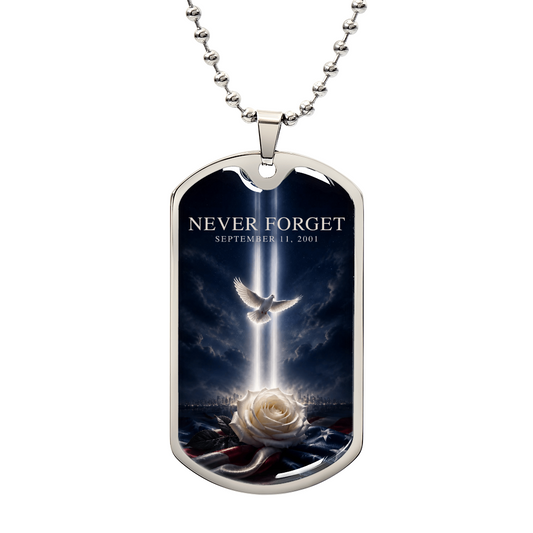 Never Forget 9/11 dog tag necklace with Tribute in Light beams, white dove and white rose on the American flag