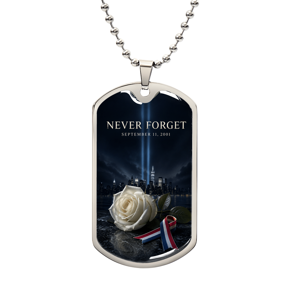 9/11 memorial dog tag necklace with a white rose, patriotic ribbon and the NYC skyline under the Tribute in Light