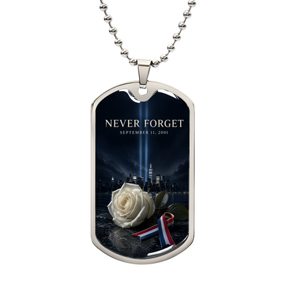 9/11 memorial dog tag necklace with a white rose, patriotic ribbon and the NYC skyline under the Tribute in Light