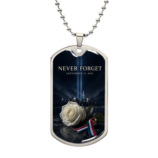 9/11 memorial dog tag necklace with a white rose, patriotic ribbon and the NYC skyline under the Tribute in Light