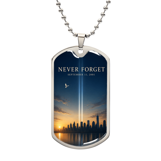 9/11 memorial dog tag necklace with the New York City skyline at sunset, Tribute in Light beam and a white dove