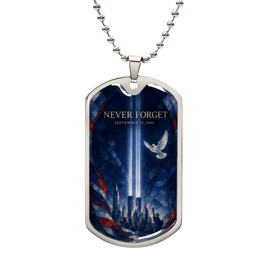 9/11 stained glass style dog tag necklace with the Twin Towers, a white dove and the Statue of Liberty