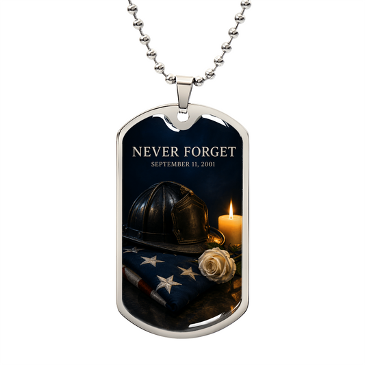 9/11 firefighter tribute dog tag necklace with a leather fire helmet, memorial candle, folded American flag and white rose
