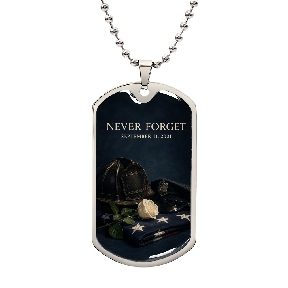 9/11 service and sacrifice dog tag necklace with a fire helmet, police cap, white rose and folded American flag