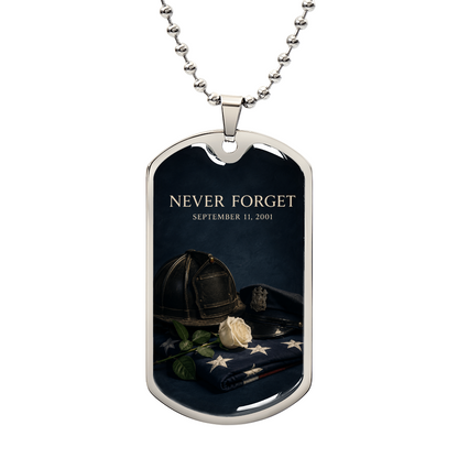 9/11 service and sacrifice dog tag necklace with a fire helmet, police cap, white rose and folded American flag