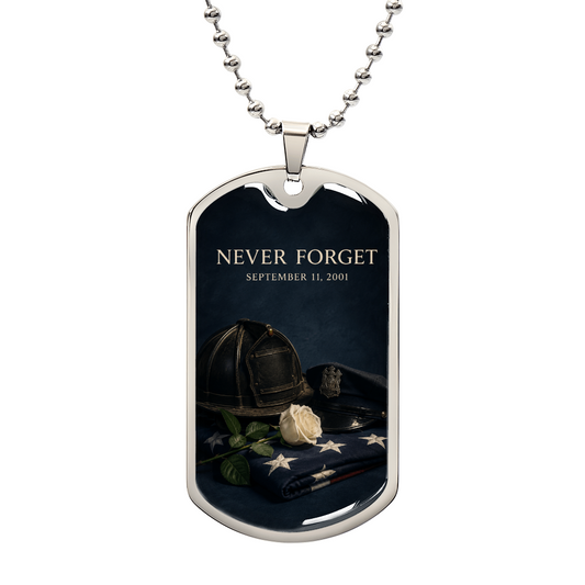 9/11 service and sacrifice dog tag necklace with a fire helmet, police cap, white rose and folded American flag