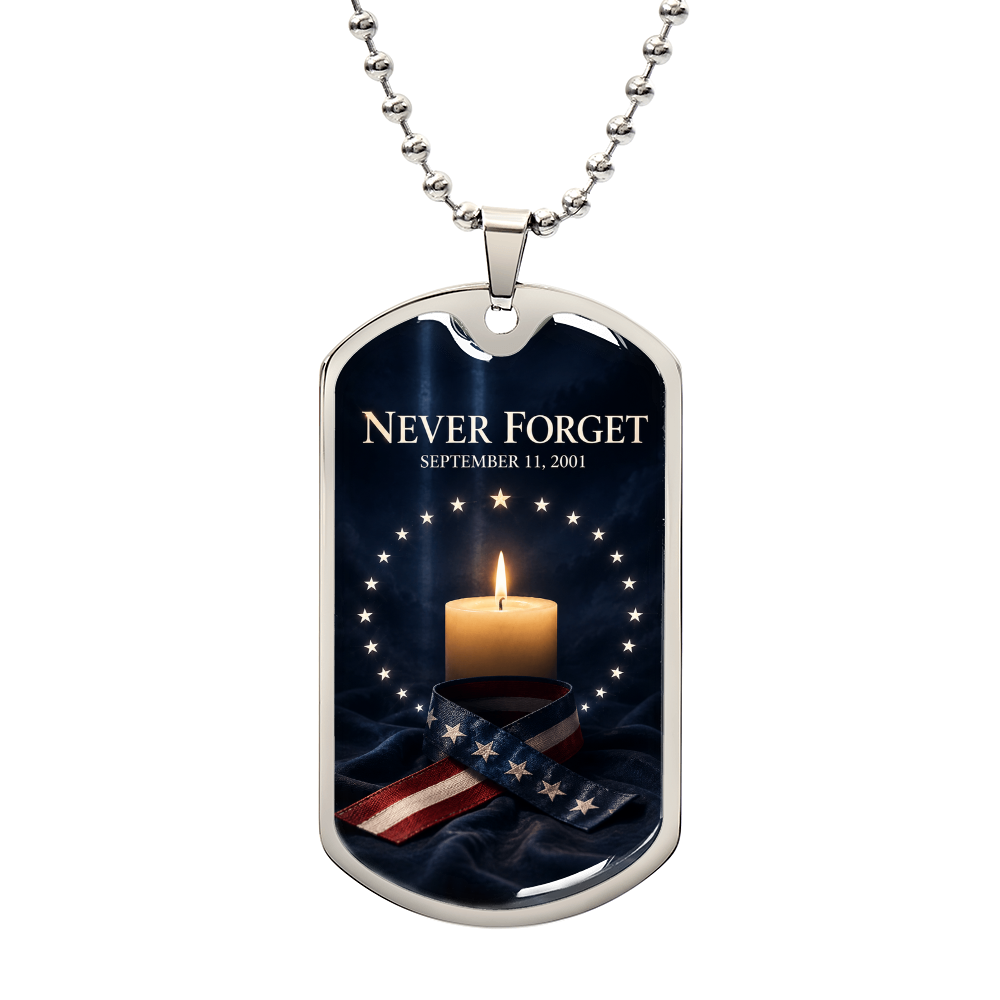 9/11 memorial dog tag necklace with a vigil candle, circle of stars and an American flag remembrance ribbon