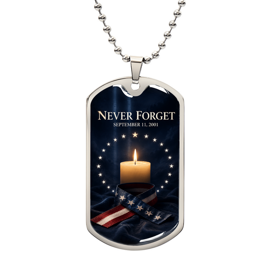 9/11 memorial dog tag necklace with a vigil candle, circle of stars and an American flag remembrance ribbon