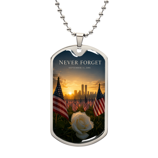 9/11 dog tag necklace showing a field of American flags at sunrise with the Twin Towers skyline and a white rose