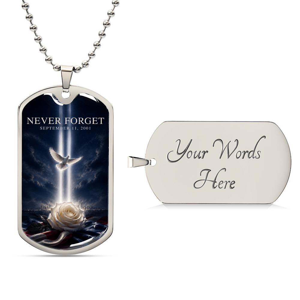 Never Forget 9/11 Dog Tag Necklace | Tribute in Light, Dove & White Rose Memorial Pendant | September 11th Remembrance Gift