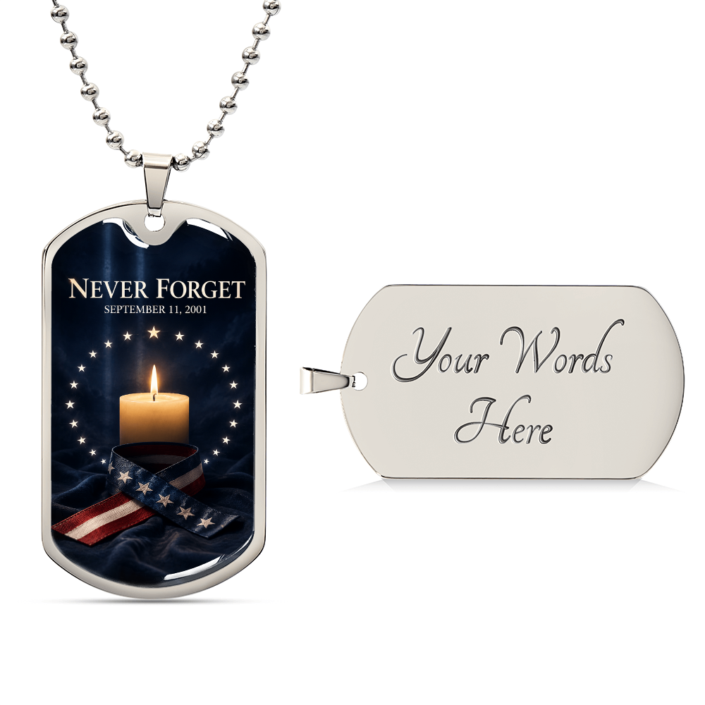 9/11 Memorial Candle Dog Tag Necklace | Never Forget Circle of Stars & Patriotic Ribbon Pendant | September 11th Remembrance Gift