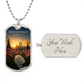 Never Forget 9/11 Field of Flags Dog Tag Necklace | Twin Towers Sunrise Memorial Pendant | Patriot Day Remembrance Gift