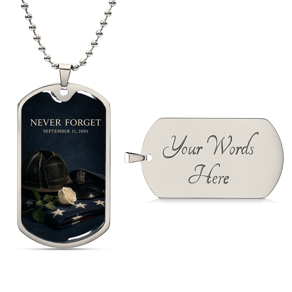 9/11 Service & Sacrifice Dog Tag Necklace | Never Forget Firefighter & Police Tribute Pendant | First Responder Memorial Gift