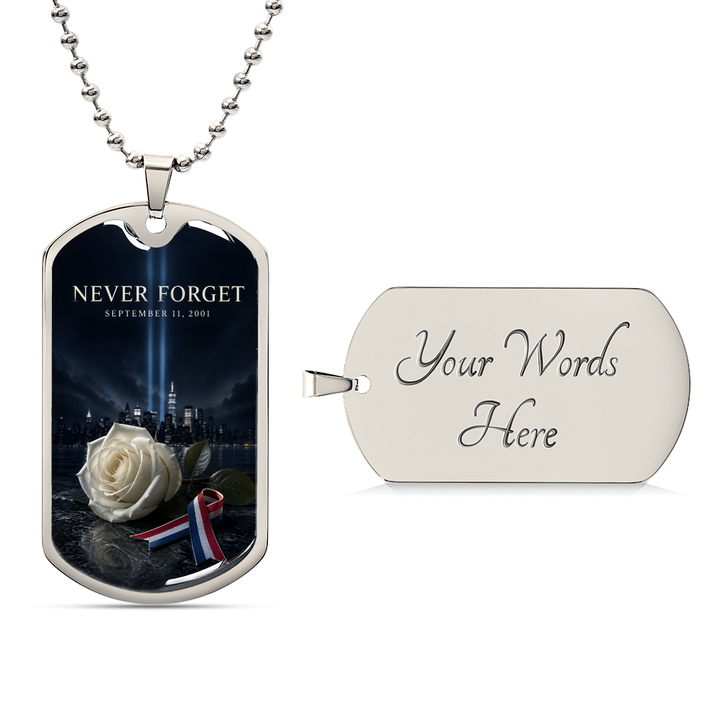 9/11 White Rose Memorial Dog Tag Necklace | Never Forget NYC Skyline Tribute in Light Pendant | September 11th Remembrance Gift