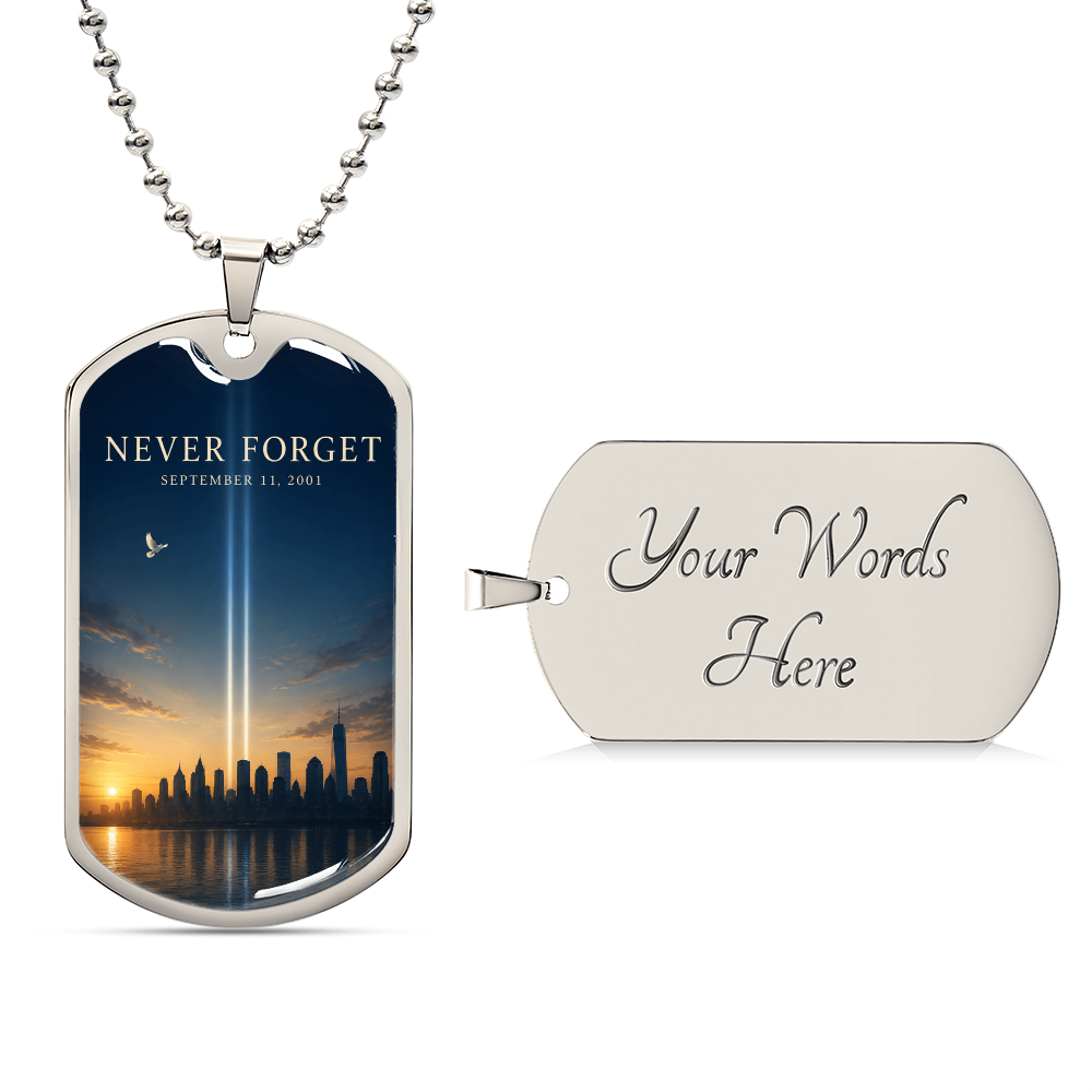 Never Forget 9/11 Skyline Dog Tag Necklace | Tribute in Light & Dove NYC Memorial Pendant | September 11th Patriot Day Gift