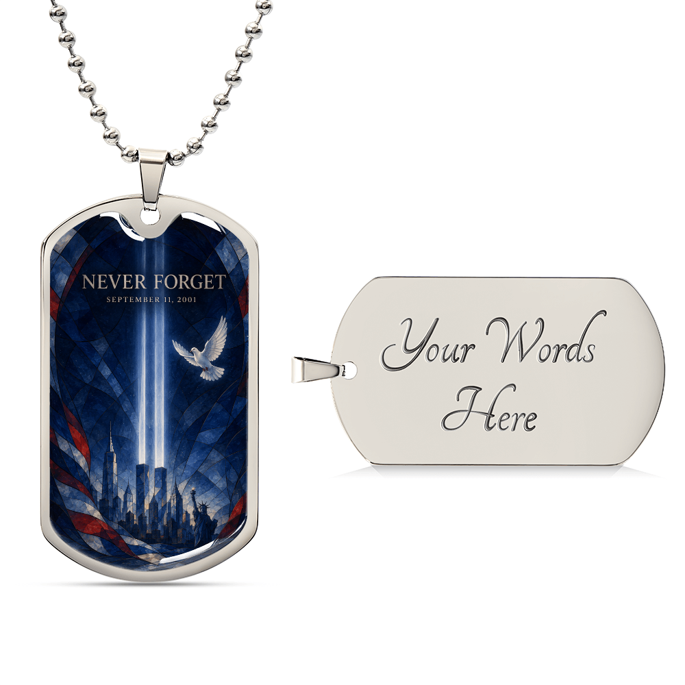 Never Forget 9/11 Stained Glass Dog Tag Necklace | Twin Towers, Dove & Lady Liberty Memorial Pendant | September 11th Tribute Gift