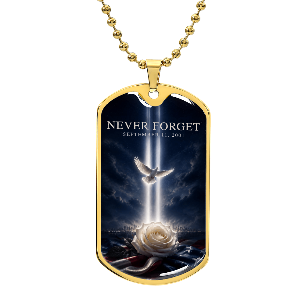 Never Forget 9/11 Dog Tag Necklace | Tribute in Light, Dove & White Rose Memorial Pendant | September 11th Remembrance Gift