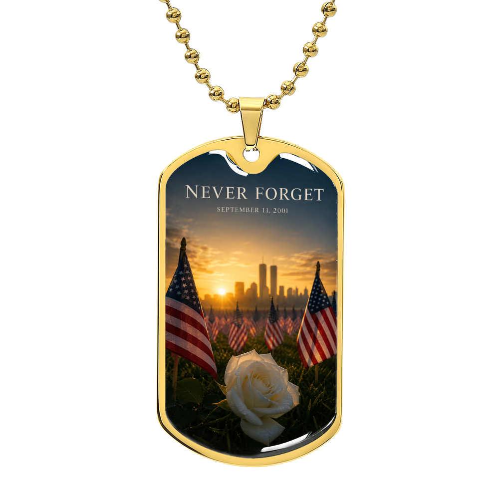 Never Forget 9/11 Field of Flags Dog Tag Necklace | Twin Towers Sunrise Memorial Pendant | Patriot Day Remembrance Gift