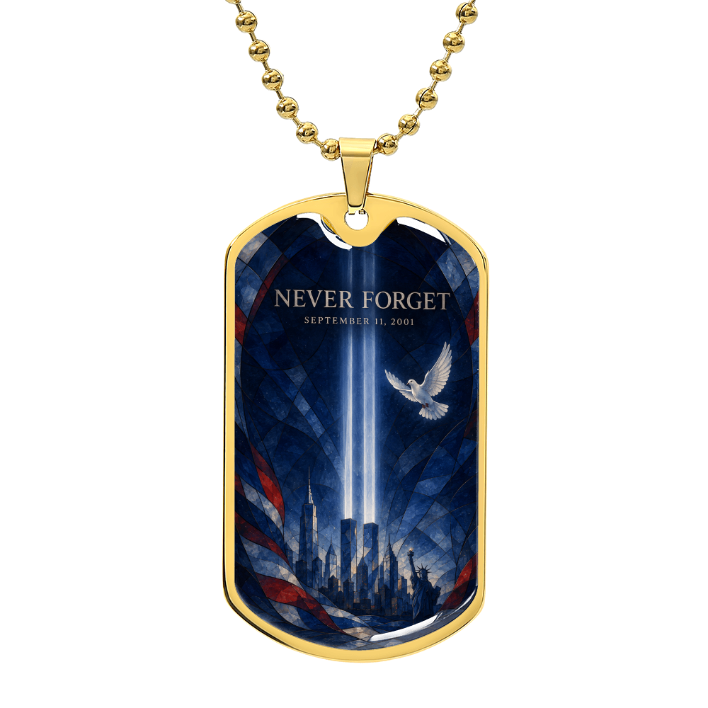 Never Forget 9/11 Stained Glass Dog Tag Necklace | Twin Towers, Dove & Lady Liberty Memorial Pendant | September 11th Tribute Gift