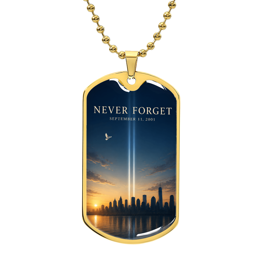 Never Forget 9/11 Skyline Dog Tag Necklace | Tribute in Light & Dove NYC Memorial Pendant | September 11th Patriot Day Gift