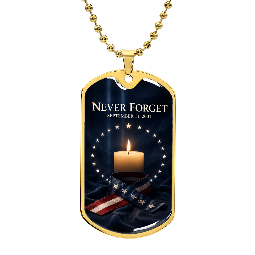 9/11 Memorial Candle Dog Tag Necklace | Never Forget Circle of Stars & Patriotic Ribbon Pendant | September 11th Remembrance Gift