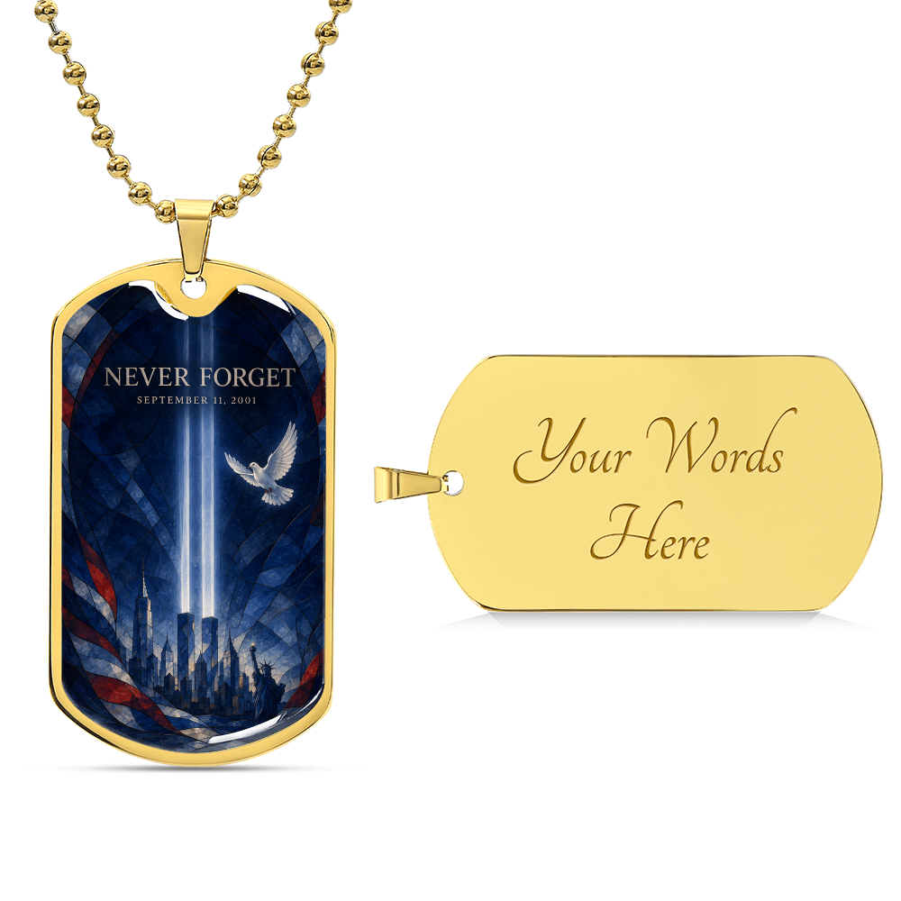 Never Forget 9/11 Stained Glass Dog Tag Necklace | Twin Towers, Dove & Lady Liberty Memorial Pendant | September 11th Tribute Gift