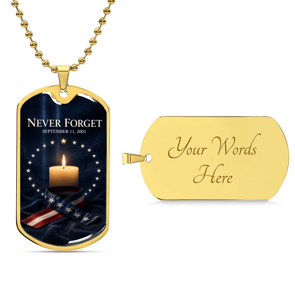 9/11 Memorial Candle Dog Tag Necklace | Never Forget Circle of Stars & Patriotic Ribbon Pendant | September 11th Remembrance Gift