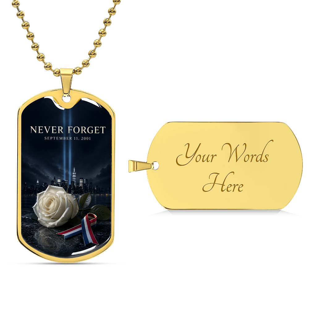 9/11 White Rose Memorial Dog Tag Necklace | Never Forget NYC Skyline Tribute in Light Pendant | September 11th Remembrance Gift
