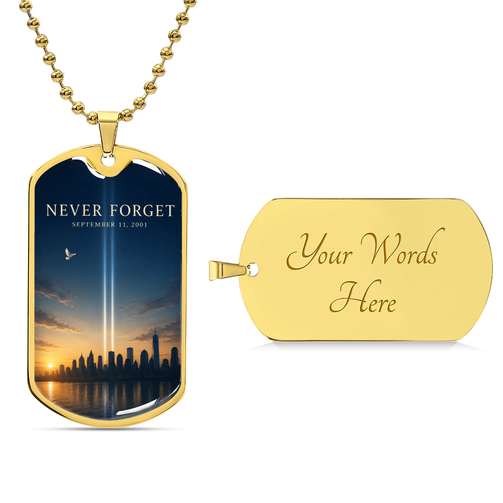 Never Forget 9/11 Skyline Dog Tag Necklace | Tribute in Light & Dove NYC Memorial Pendant | September 11th Patriot Day Gift