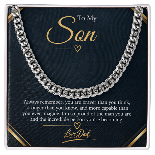 To My Son Cuban link chain displayed on its Always Remember message card from Dad in a gift box