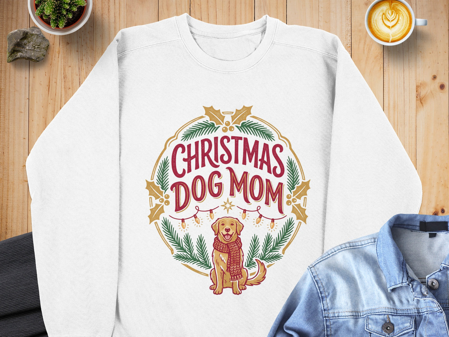 White sweatshirt with "Christmas Dog Mom" text and a golden retriever wearing a scarf.