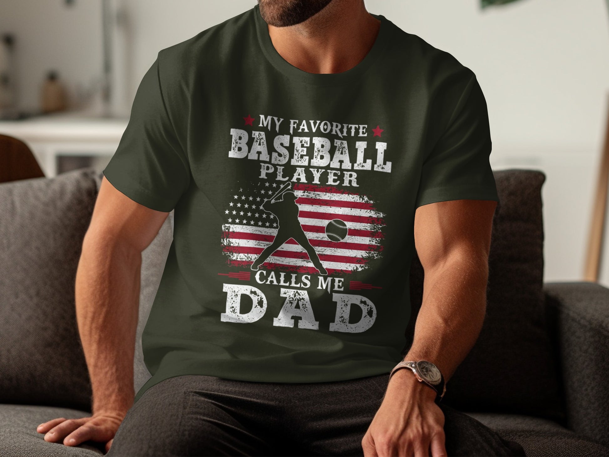 T-shirt with "My Favorite Baseball Player Calls Me Dad" and American flag.