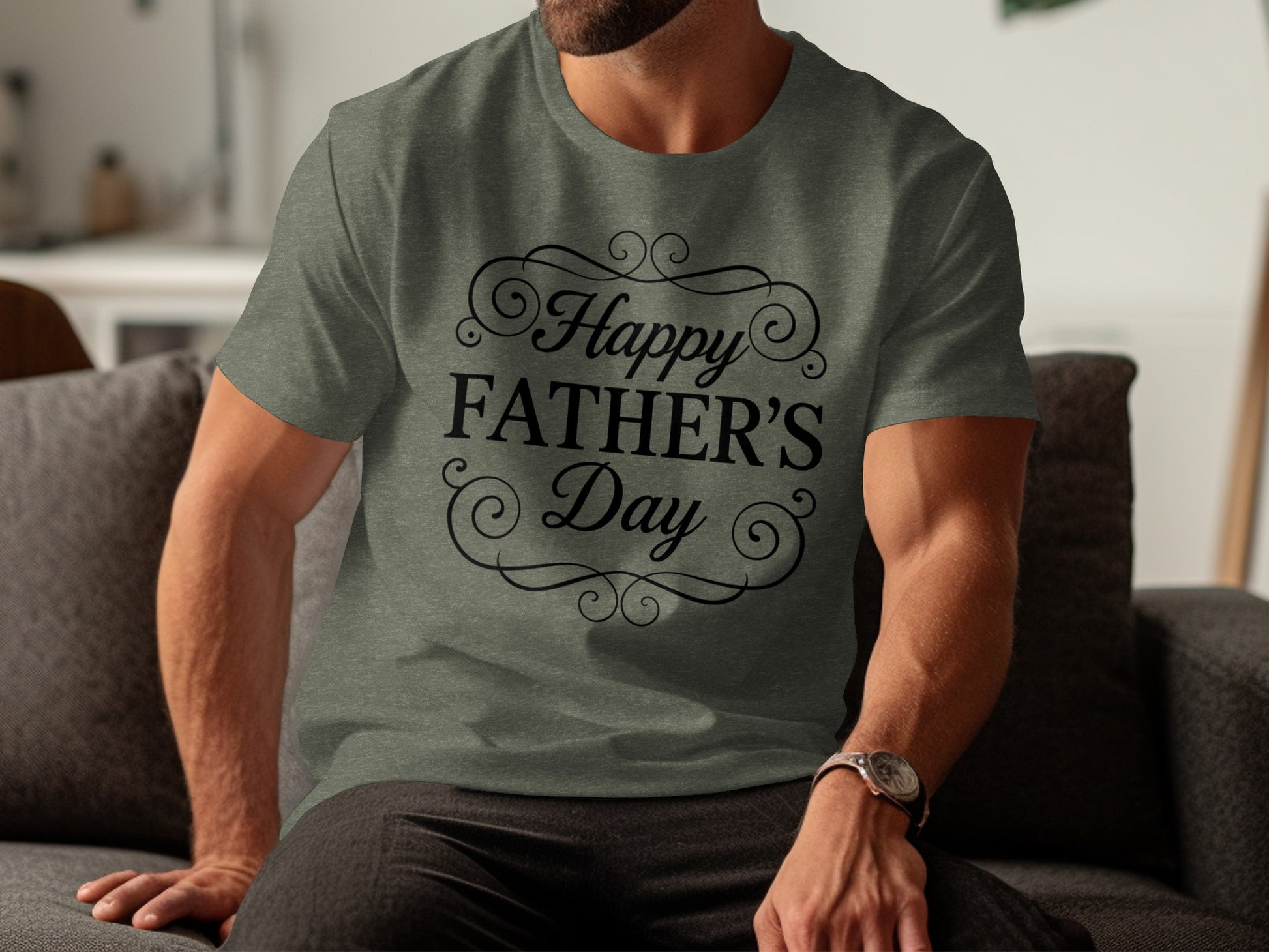 Gray t-shirt with "Happy Father's Day" text in decorative font.