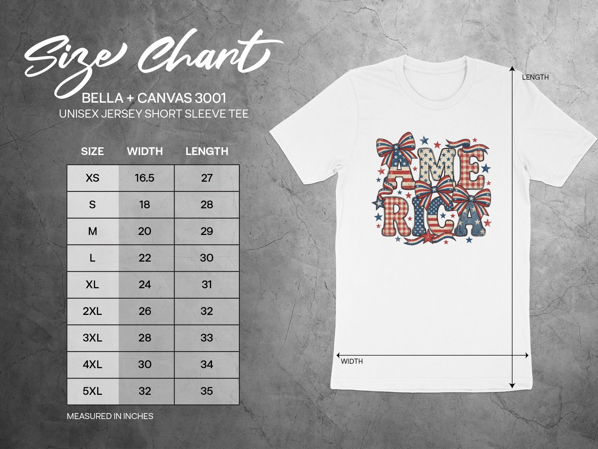 Size chart for Bella + Canvas 3001 unisex t-shirt, showing size, width, and length measurements.