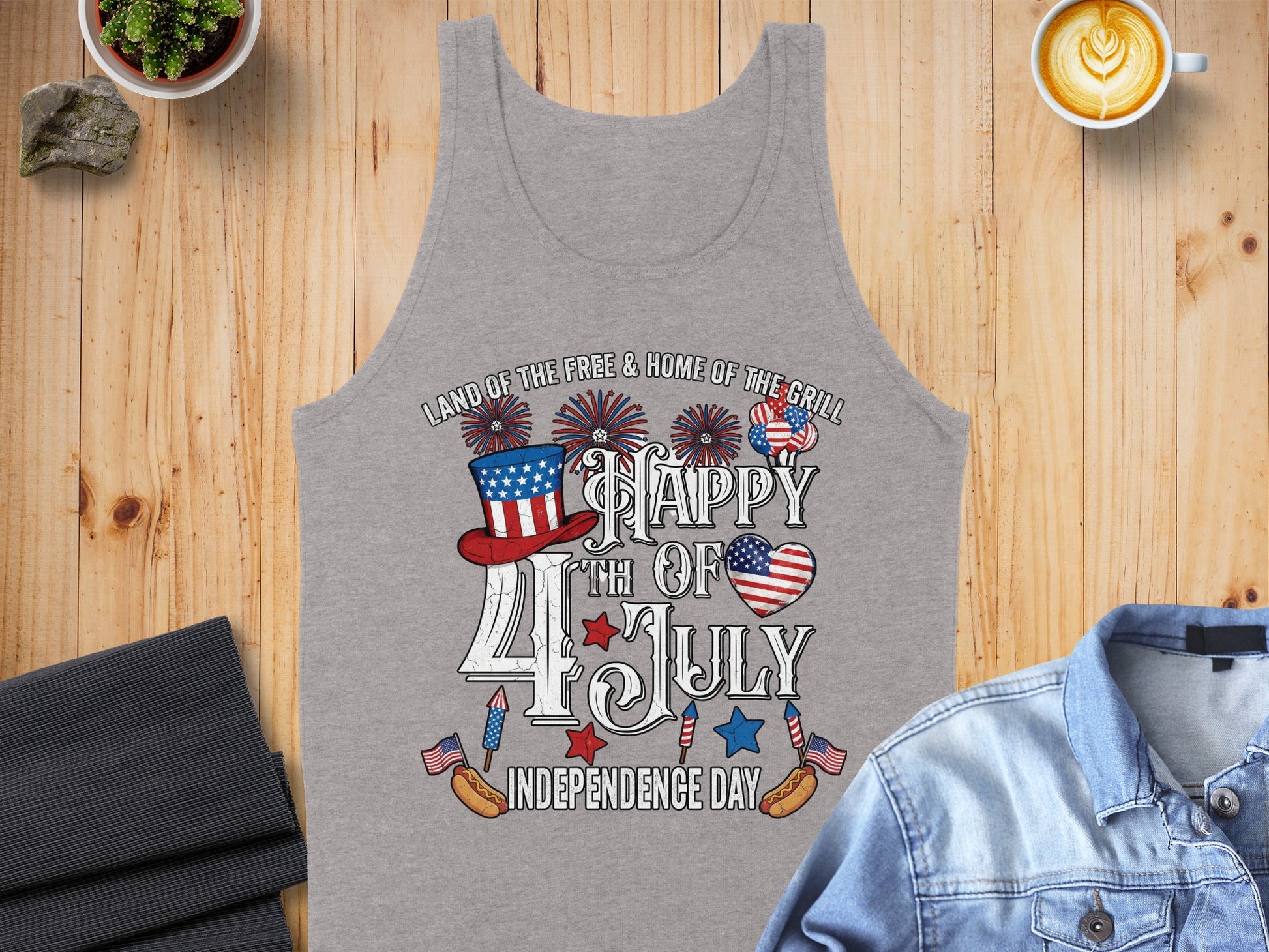 Gray tank top with "Happy 4th of July Independence Day" patriotic graphic.