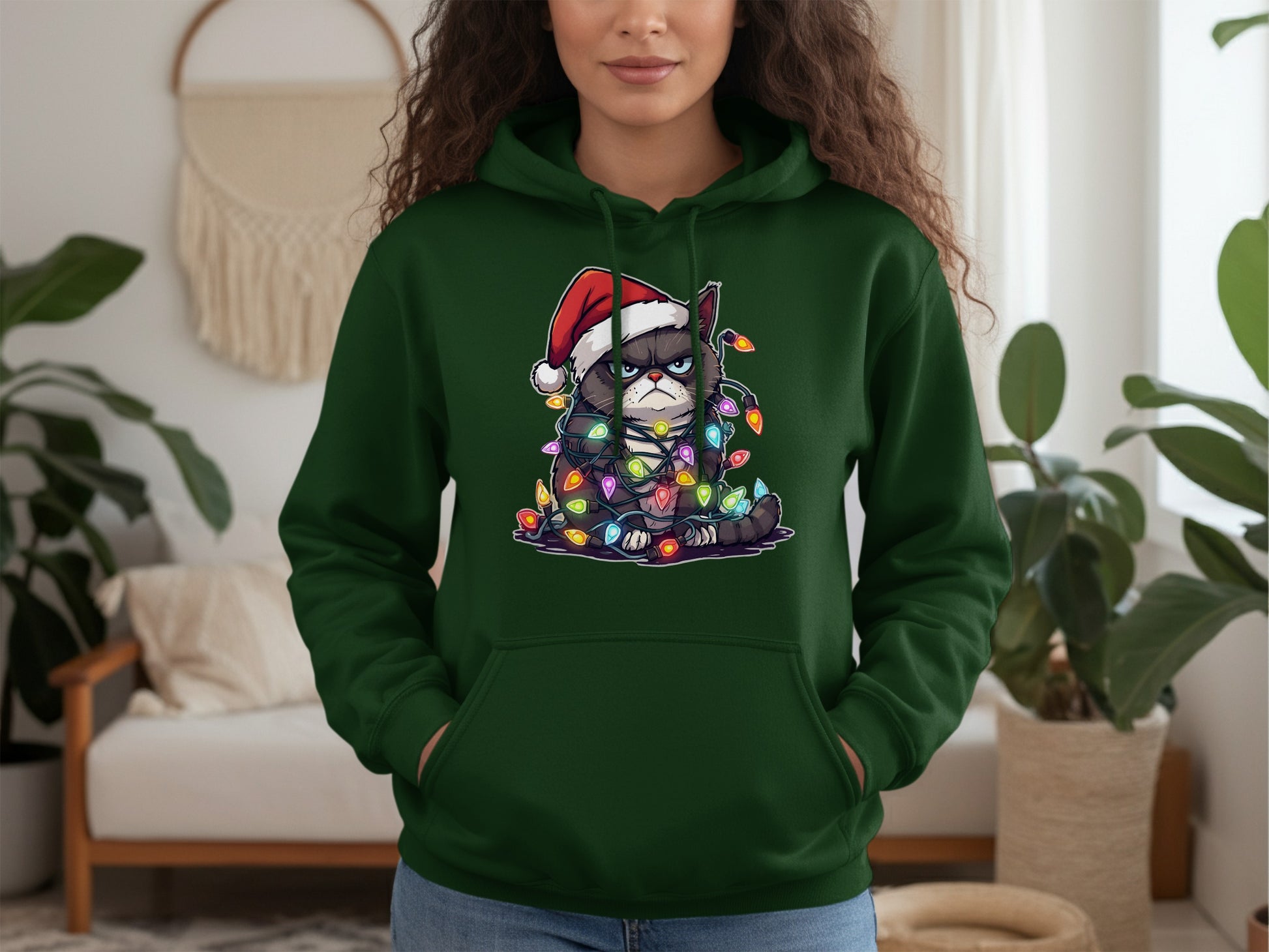 Grumpy Cat Christmas Santa Lights Hoodie