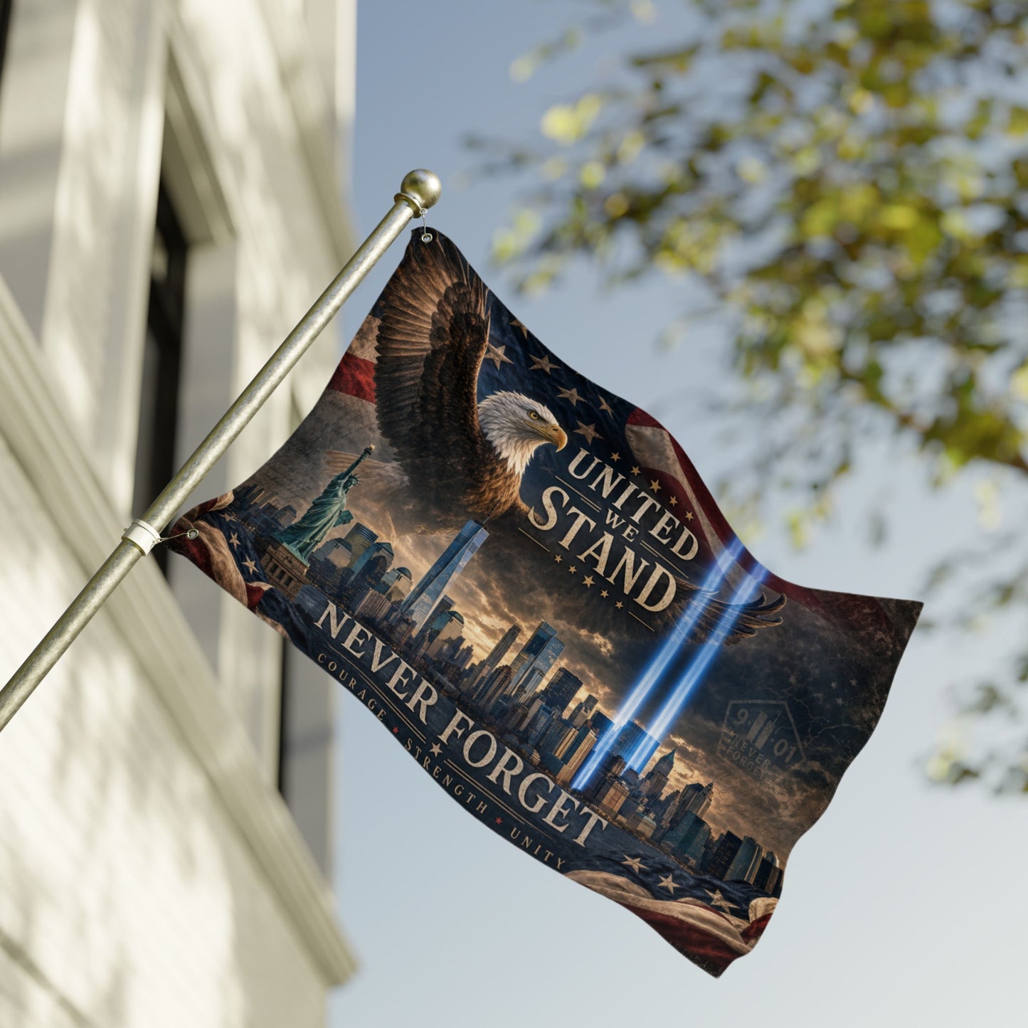 Flag design with eagle, Statue of Liberty, New York skyline, and beams of light.