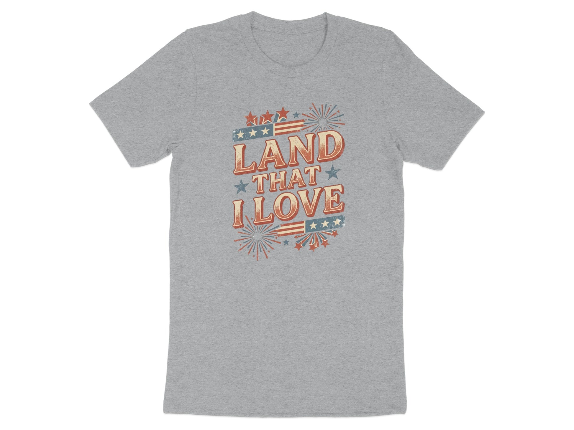 Gray t-shirt with red, white, and blue "Land That I Love" text and fireworks.