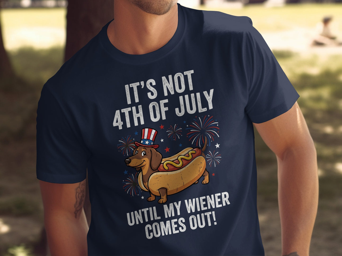 Dachshund in a hot dog bun wearing a hat, with fireworks and text.