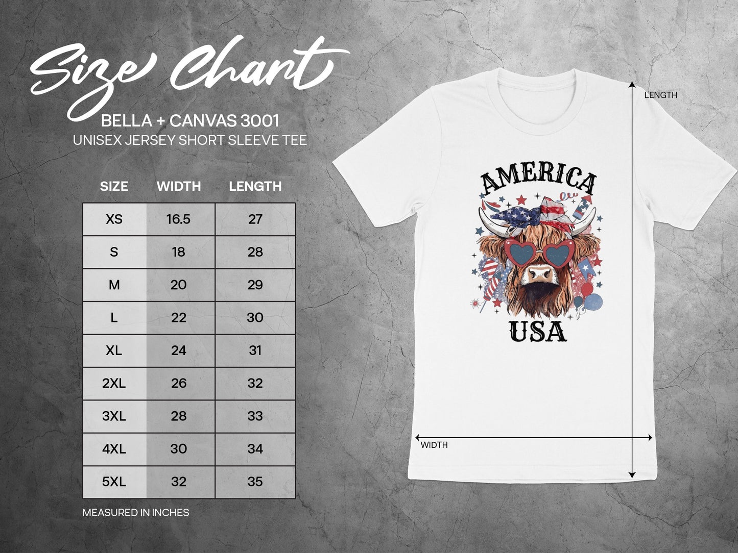 Bella+Canvas 3001 unisex t-shirt size chart with measurements.