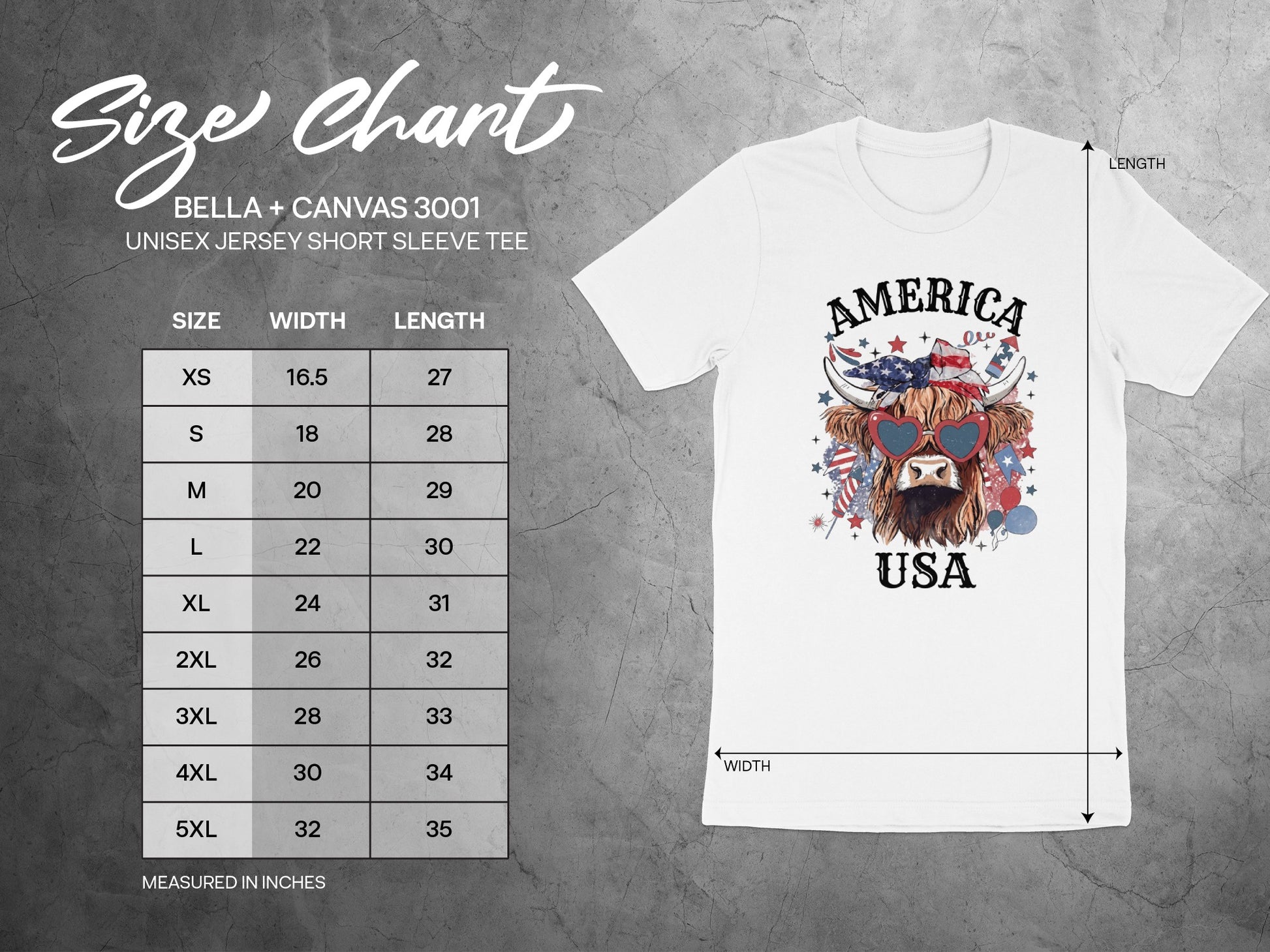 Bella+Canvas 3001 unisex t-shirt size chart with measurements.