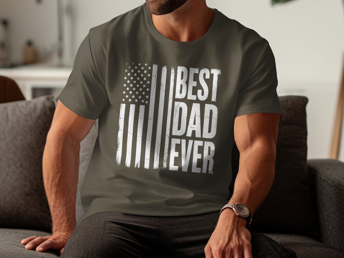 T-shirt with "BEST DAD EVER" text and distressed American flag graphic.