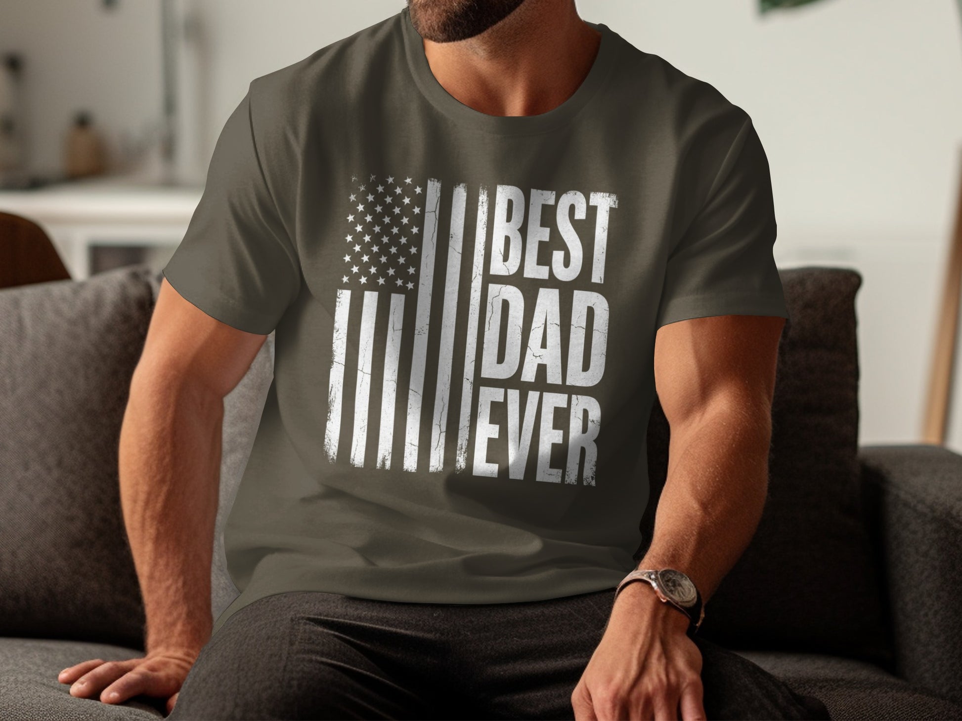 T-shirt with "BEST DAD EVER" text and distressed American flag graphic.