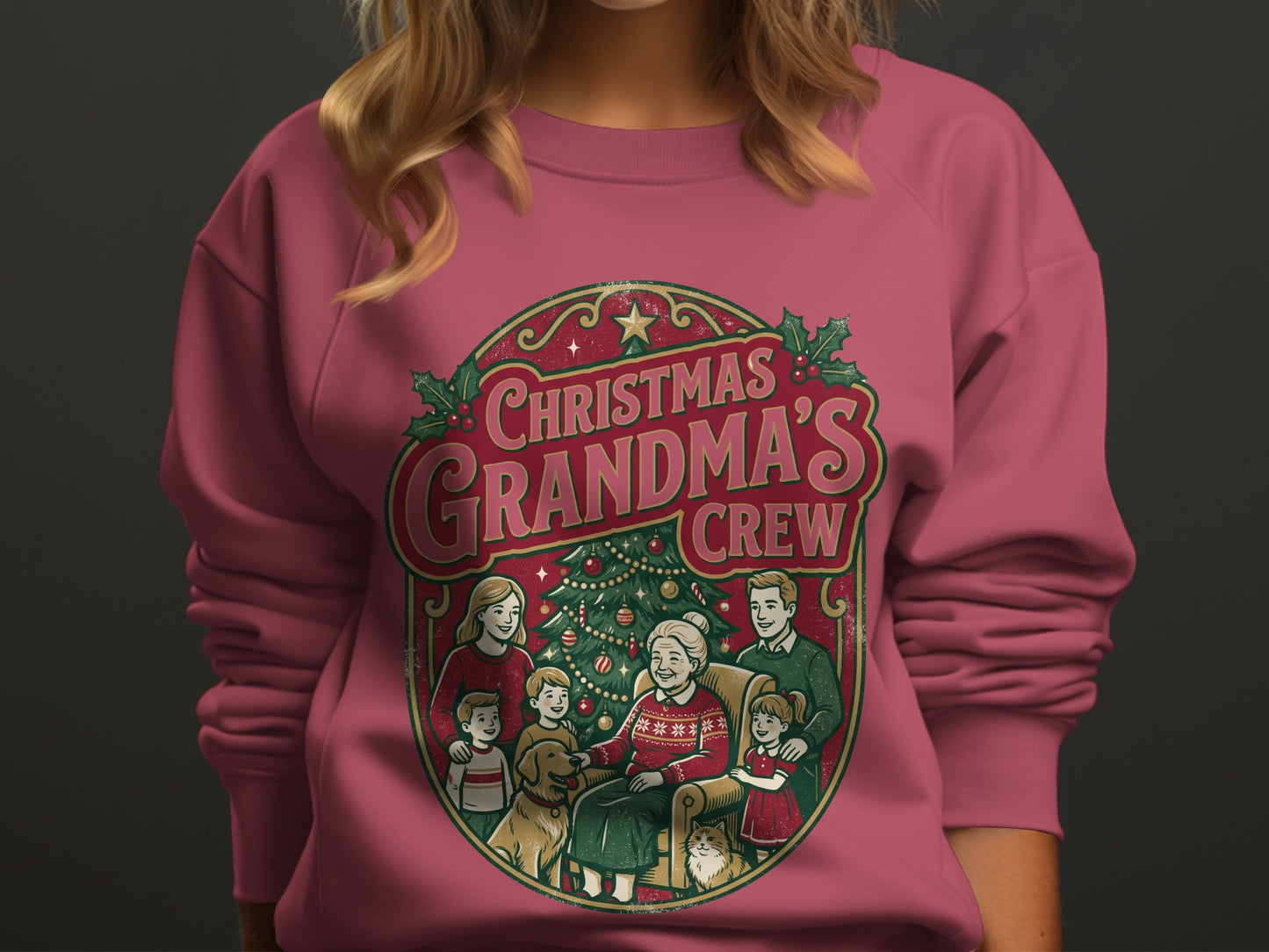 Christmas Grandma's Crew graphic on a pink sweatshirt with a family, dog, cat, and Christmas tree.