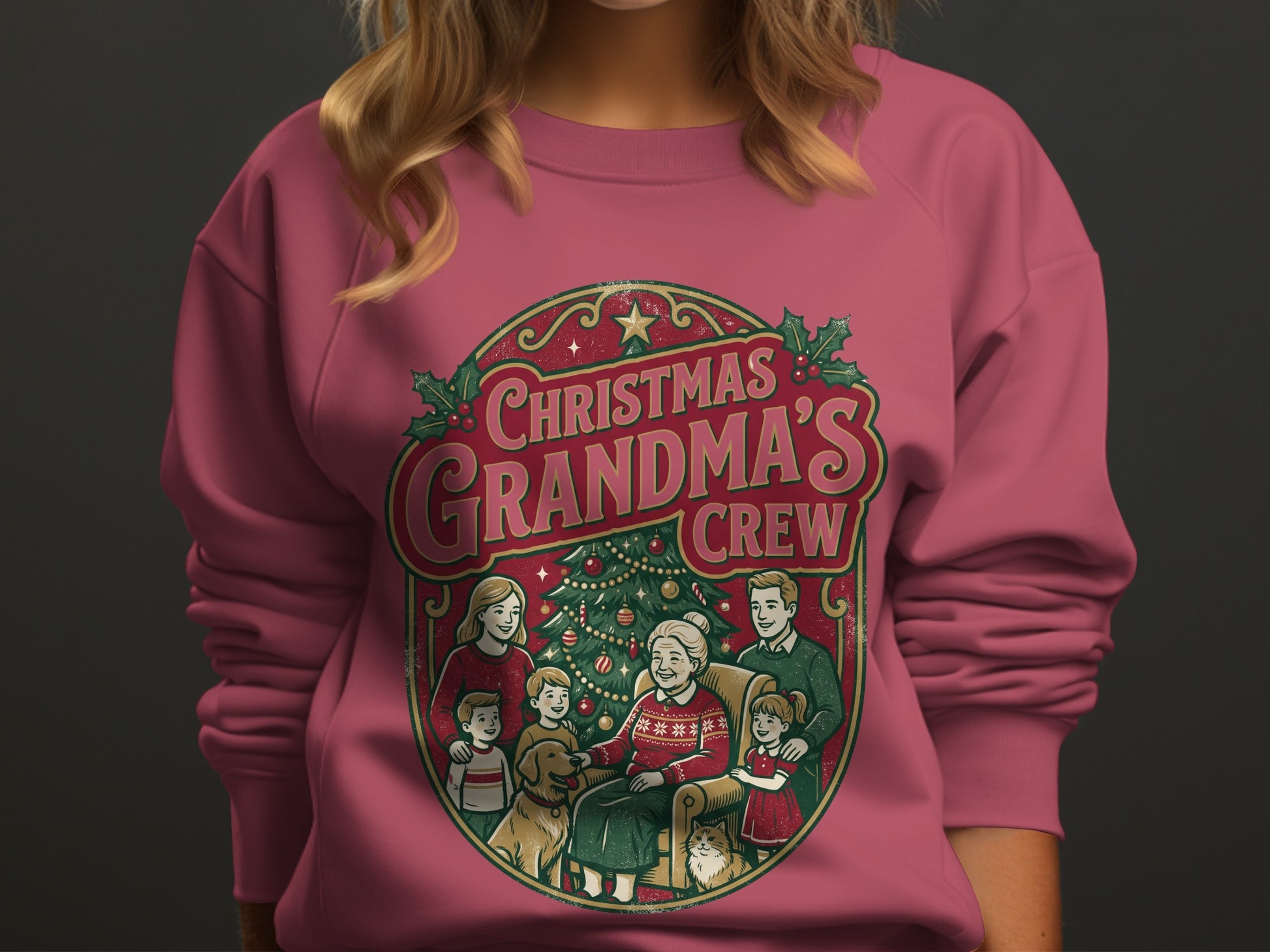 Christmas Grandma's Crew graphic on a pink sweatshirt with a family, dog, cat, and Christmas tree.