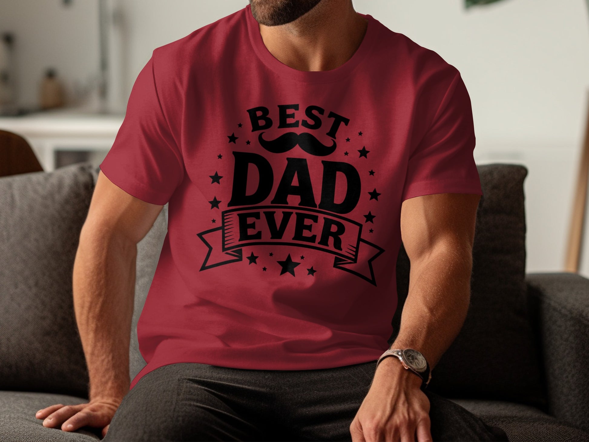 Maroon t-shirt with "Best Dad Ever" text, stars, and mustache graphic.