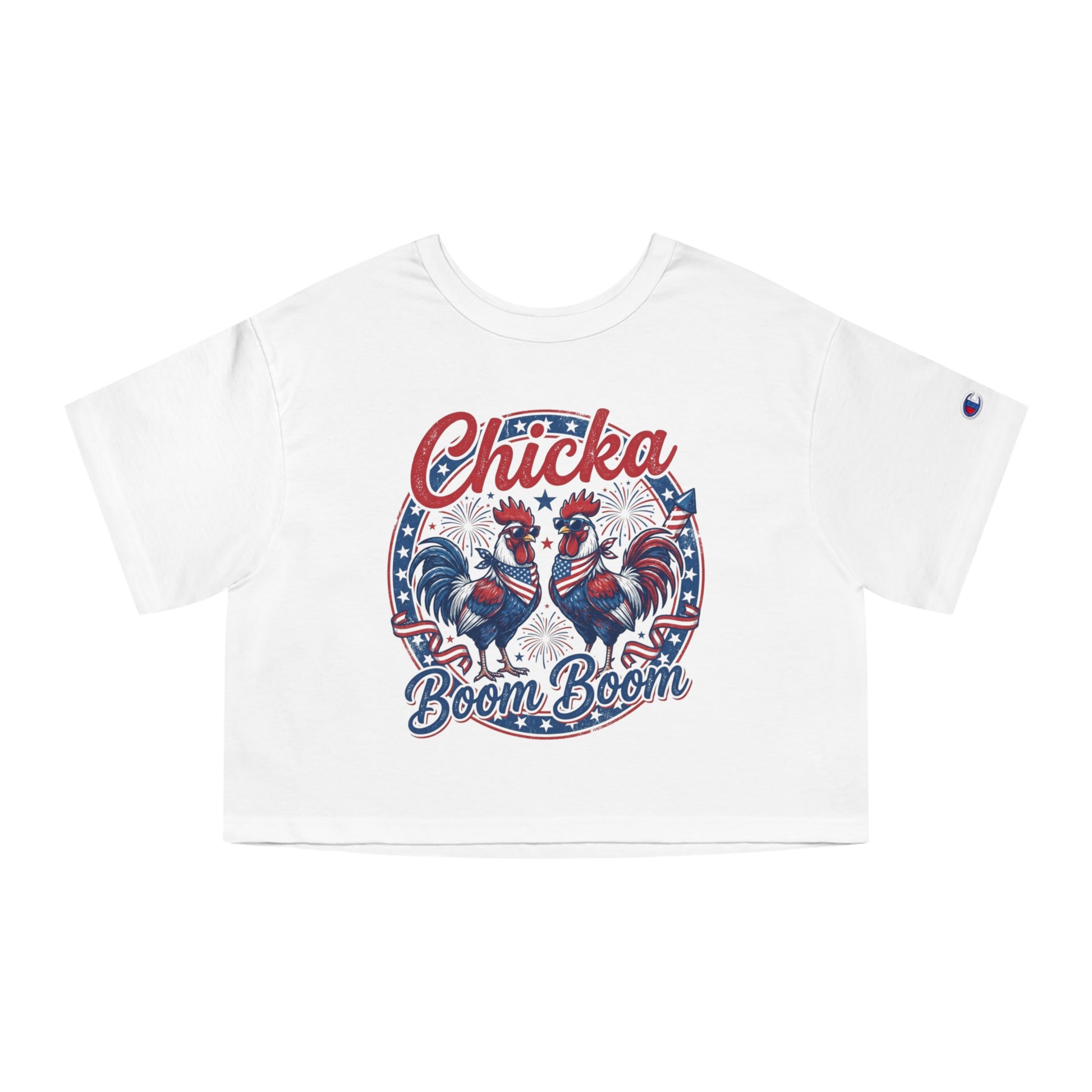 Two roosters wearing sunglasses and bandanas on a white crop top, with text "Chickka Boom Boom".
