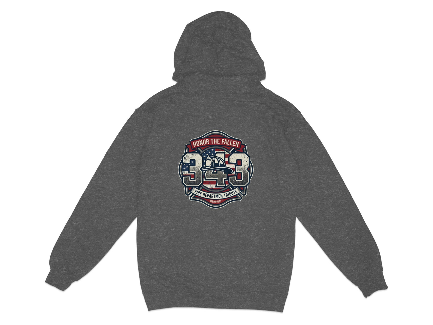 Dark grey hoodie back with "343" and "Honor the Fallen" graphic.