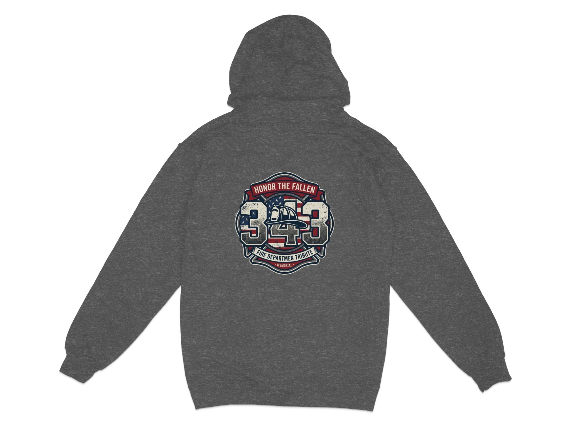Dark grey hoodie back with "343" and "Honor the Fallen" graphic.